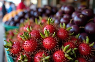 Fototapeta premium Red spiky exotic fruits and dark purple mangosteens pile up on market stall. People blurred in background shop for fresh produce. Healthy food assortment offers natural vibrant colors.