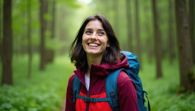 Young woman with backpack hikes through lush green forest. She smiles happily looking up, enjoying nature and her outdoor adventure. The path leads deeper into the trees.