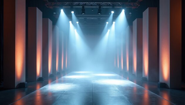 Empty runway stage with spotlights and side lights. Production setup ready for fashion show or concert performance. Dramatic lighting creates atmosphere.