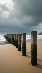 Fototapeta premium Weathered wooden posts stand in a line on a sandy beach extending into the sea under a cloudy sky. The ocean waves crash ashore next to the moss covered posts.