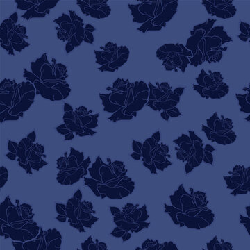 Romantic Gothic Dark Rose Seamless Pattern with Moody Floral Roses on Blue Background