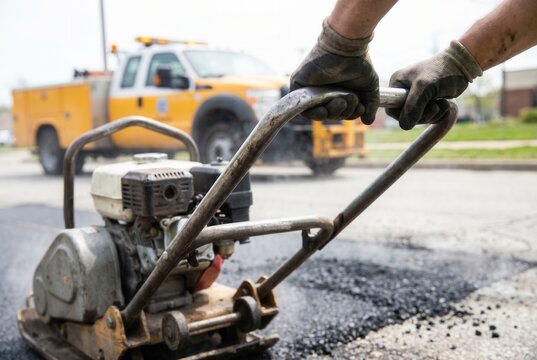 Construction worker operating a heavy mechanical plate compactor to flatten fresh black asphalt on a road