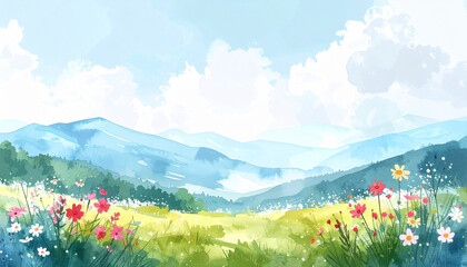 Fototapeta premium Watercolor painting of mountain landscape with soft cloudy sky, summer flowers in foreground, gentle pastel tones, light pigment diffusion