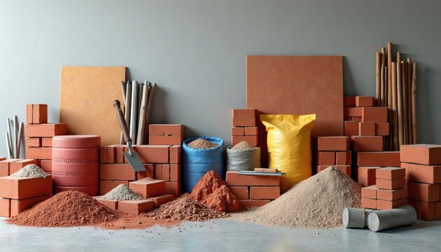 Collection of construction supplies with bricks cement sand and wood rods. Building materials organized for industrial project or home renovation. Materials for masonry work.