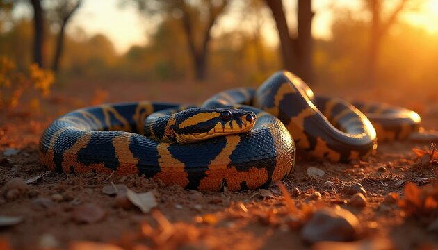 Coiled python snake rests on dry ground in australian outback. Golden sunset sunbeams illuminate dark orange reptile scales. Wild fauna rests in dry bushland.