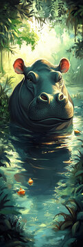 Illustration of a hippo and jungle wildlife in water scene