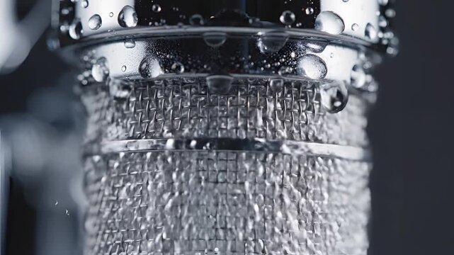 Close up of water flowing from a faucet aerator with droplets.
