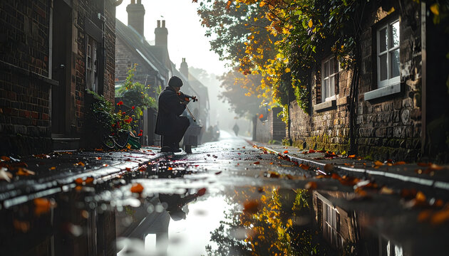Autumn Street Violinist with Reflections