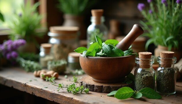 Wooden mortar and pestle filled with fresh herbs on rustic table. Small glass jars with dried herbs nearby. Botanical apothecary setting for natural remedy preparation.
