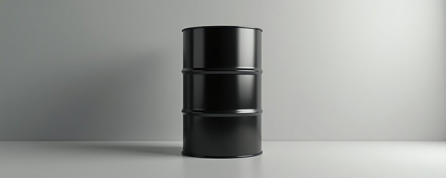 Black metal oil drum stands upright on light gray surface against soft gray wall with subtle shadow. Industrial container energy resources, fuel storage, global economy. Represents raw materials,