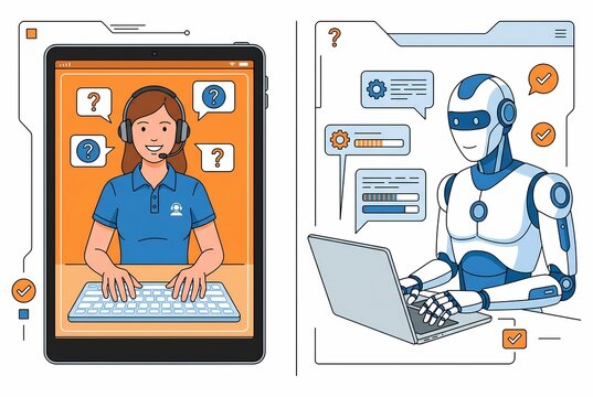 AI generated illustration of human customer service agent vs robotic chatbot assistant