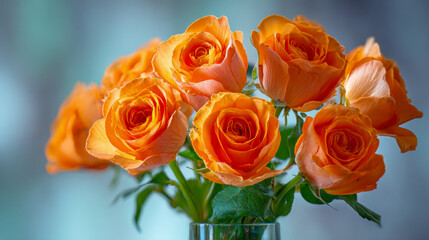 Fototapeta premium Vibrant orange roses bouquet with lush green leaves arranged gracefully in a clear glass vase against a soft blurred blue background for floral decoration