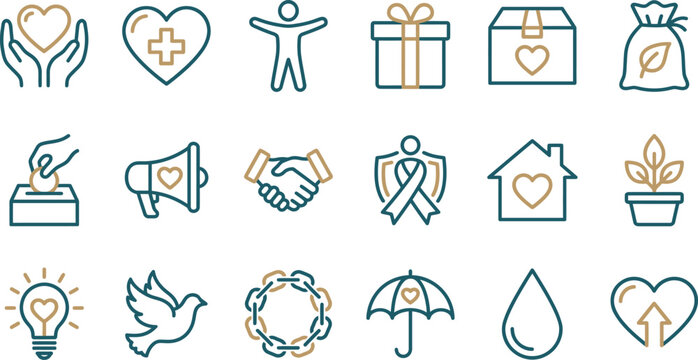 A collection of clean line icons featuring various symbols for charity, non-profit organizations and social impact projects.