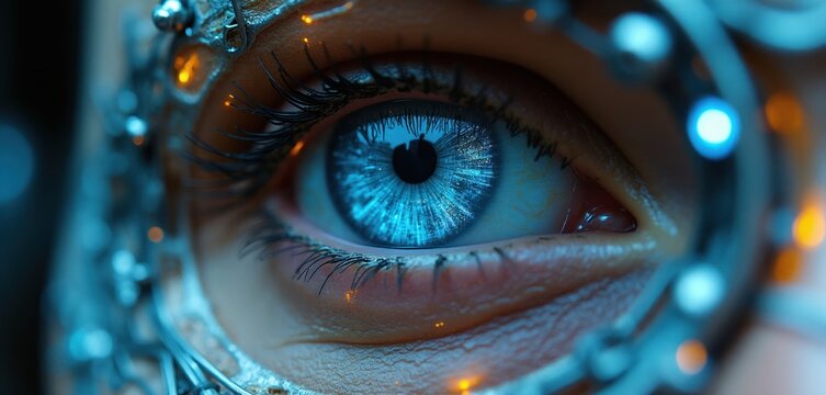 Close-up macro of a human eye blended with cybernetic implants and glowing blue digital patterns. Futuristic vision system integrated into organic face. Advanced artificial intelligence insight.