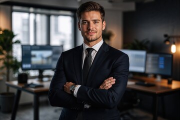 Fototapeta premium Confident young businessman in navy suit with arms crossed standing in modern corporate office