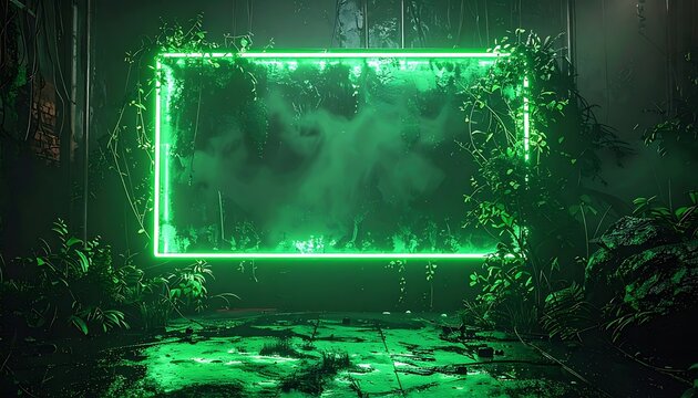 Green neon frame emits fog, encircled by verdant plants, against a weathered, dark structure. Ground reflects light