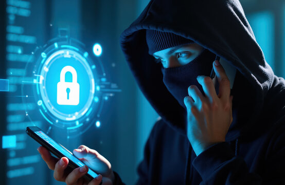 Person in mask uses smartphone. Digital lock icon shows data security. Anonymous hacker makes scam call from mobile phone. Cyber crime threat on phone.