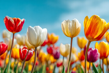 Fototapeta premium Vibrant multicolored tulip flowers blooming in a sunlit field under a clear blue sky showcasing the beauty of spring in full bloom
