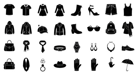 Obraz premium Fashion clothing and accessories icons set isolated on a white background