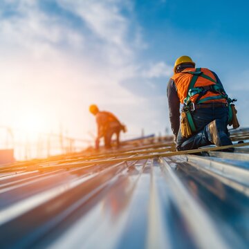 Construction workers skillfully installing roofing panels under a vibrant sunset, showcasing teamwork and the precision of modern building techniques.