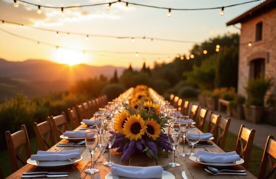 Long wooden table set for outdoor dinner party. Sunflowers and lavender create rustic centerpiece. String lights glow above as sunset paints hills orange. Guests enjoy alfresco feast.