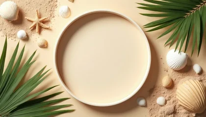 Fototapete Badezimmer Flat lay with blank circle frame surrounded by seashells starfish and palm leaves on beige sand background. Empty space for product display or ad.  © miss irine