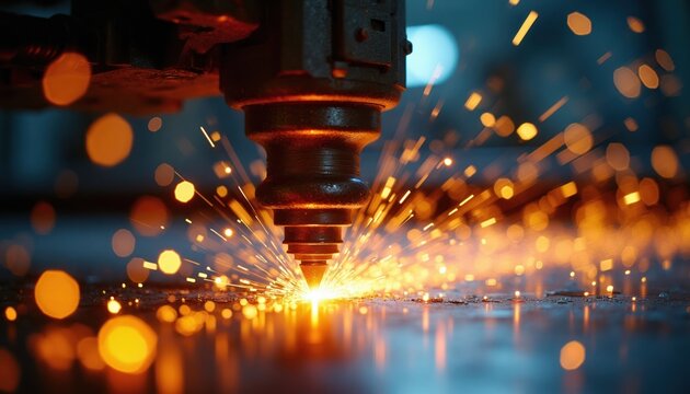 Industrial laser machine cuts metal creating bright sparks. Precision engineering work, automated manufacturing process. Close up of intense heat and light from cutting tool.