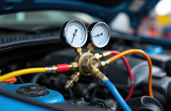 Auto mechanic uses manifold gauges to check car air conditioning system pressure and refrigerant levels. Technician performs ac service. Cooling system maintenance on vehicle.