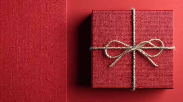 Red textured gift box wrapped with natural twine string tied in a bow on vibrant red background with space for text or design on the side