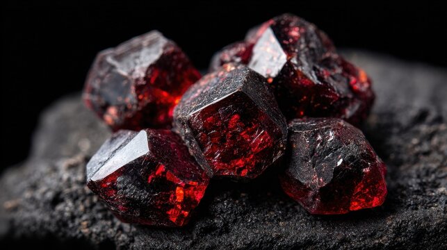 Deep Red Garnet Crystals with Angular Sharp Facets Clustered on Dark Mineral Matrix