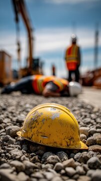 Worn yellow safety helmet lying on gravel in a construction site with a worker on the ground and another standing in the background under a bright sky