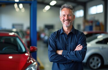 Obraz premium Smiling man with beard stands arms crossed in auto repair shop. He wears dark blue shirt. Cars, tools visible in background. Confident mechanic with grey hair works in service station with vehicles.