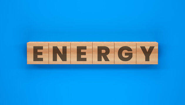 Energy Concept: A visual representation of the concept of energy, spelled out using wooden blocks set against a vibrant blue backdrop. This image captures the essence of potential and power.