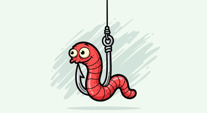 A cartoon worm on a fishing hook.