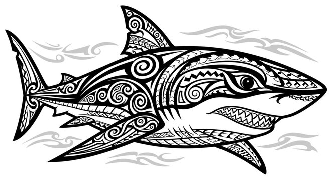 Black and white shark with tribal tattoo design swimming in water.