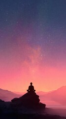 Fototapeta premium Silhouette of a person meditating on rocky mountain during vibrant sunset under a clear starry sky with visible milky way and distant mountain ranges