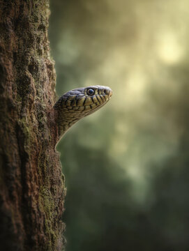 Serpent peeking from moss-covered tree bark with soft-focused natural forest background in warm sunlight creating a serene wildlife scene