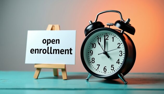 Alarm clock and sign with text open enrollment. Time is running out for health insurance plan selection. Deadline reminder for coverage choice.