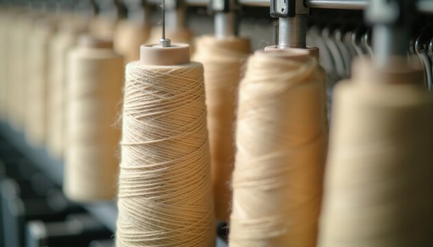 Beige yarn spools arranged on a textile machine in a factory setting. Fiber material wound on bobbins creates fabric. Natural thread production in workshop.