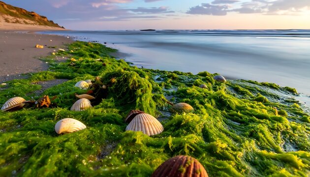 Green algae and seashells on a beach with a soft sunset hue, long exposure, and a sandy dune backdrop