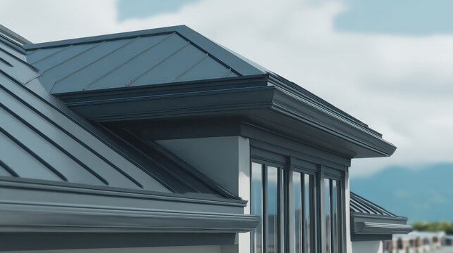 Dark grey standing seam metal roofing and gutter system on a modern residential building exterior