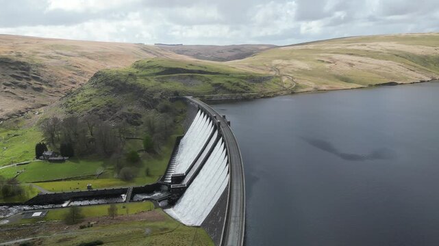 4K Aerial Wide and Pan Shot at Craig Goch Dam, Mid Wales