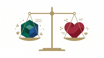 Fototapeta premium Flat vector illustration of a balance scale weighing a geometric data block against a red heart symbolizing the choice between logic and emotion