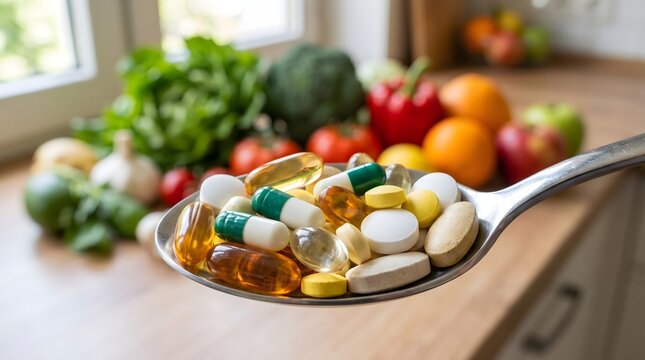 Assorted Pills on Spoon in Kitchen with Fresh Produce.