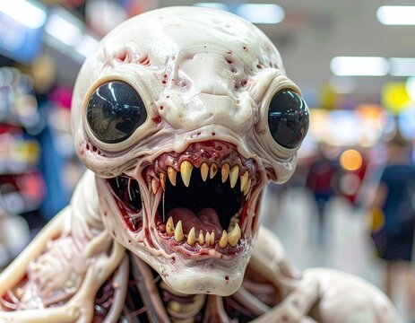 Scary monster with black eyes and white insectoid head