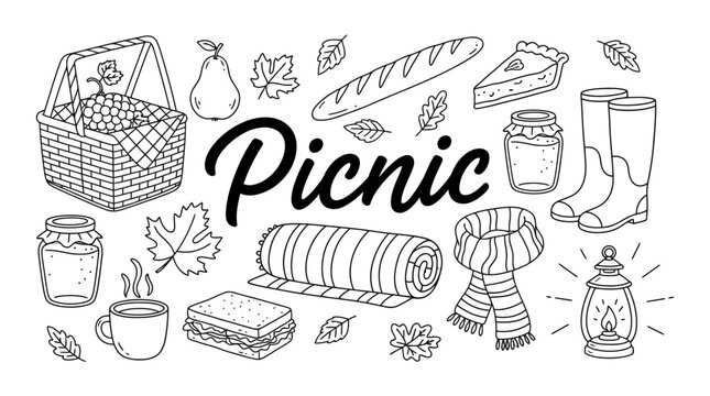 hand drawn picnic basket with fresh food and summer essentials flat lay illustration