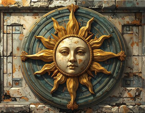 Ornate sun face carving on weathered stone wall