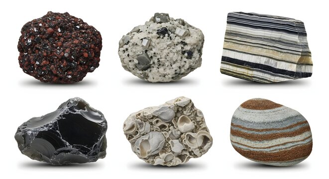 Collection of six different types of rocks displayed in a grid pattern