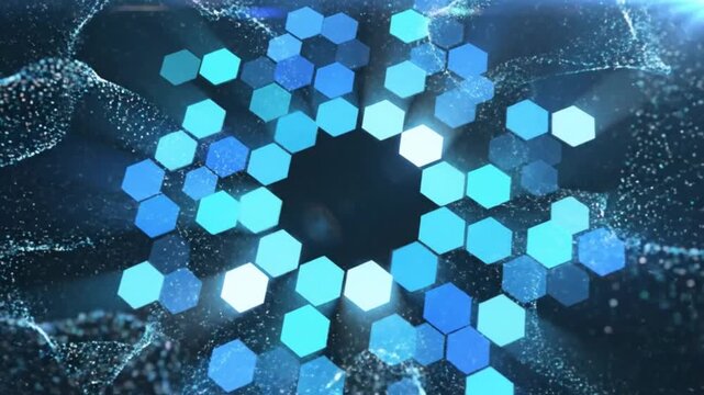 Abstract Digital Tunnel Animation with Hexagonal Tiles and Particle Effects for Technological or Futuristic Backgrounds