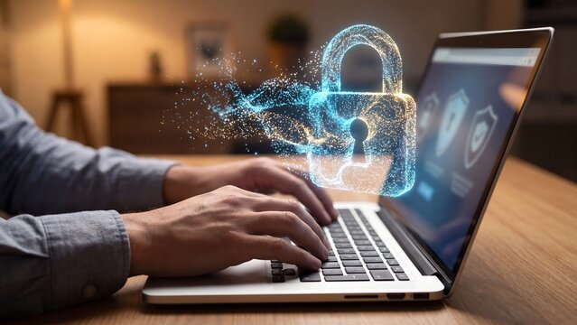 Artificial intelligence cybersecurity protection with glowing digital lock over laptop, secure data encryption, network defense system, privacy protection technology, futuristic security interface con